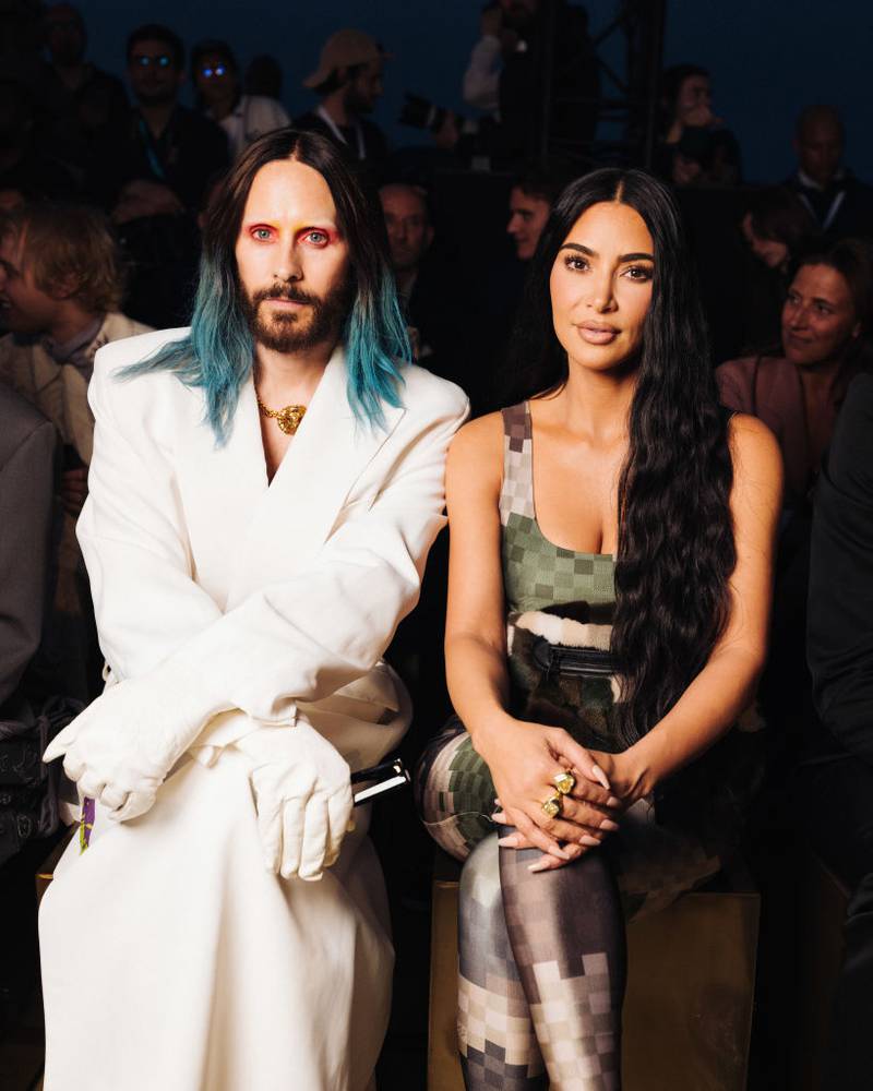 PARIS, FRANCE - JUNE 20:  (L-R) Jared Leto and Kim Kardashian attend the the Louis Vuitton Menswear Spring/Summer 2024 show as part of Paris Fashion Week  on June 20, 2023 in Paris, France. (Photo by Pierre Mouton/Getty Images for Louis Vuitton)