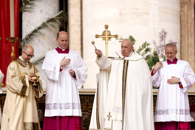 VATICAN CITY, VATICAN - MARCH 31: Pope Francis presides over the Easter Mass and delivers his Urbi et Orbi message, in St. Peter's Square, on March 31, 2024 in Vatican City, Vatican. Following the Mass , Pope Francis gave his traditional "Urbi et Orbi" Easter message on Sunday, appearing from the central loggia of Saint Peter's Basilica, by saying his thoughts go especially to the victims of the many conflicts worldwide, beginning with those in Israel and Palestine, and in Ukraine. (Photo by Alessandra Benedetti - Corbis/Corbis via Getty Images)